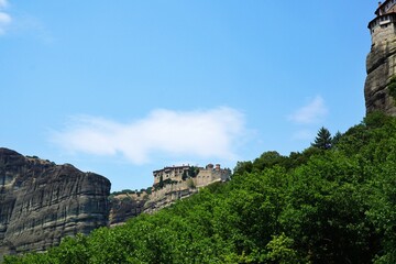 View of orthodox monasteries on the rocks in in Thessaly , Greece.