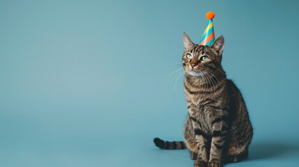 Cute cat wearing birthday hat on blue background. Birthday card theme.