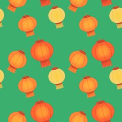 Seamless pattern round paper lantern green background