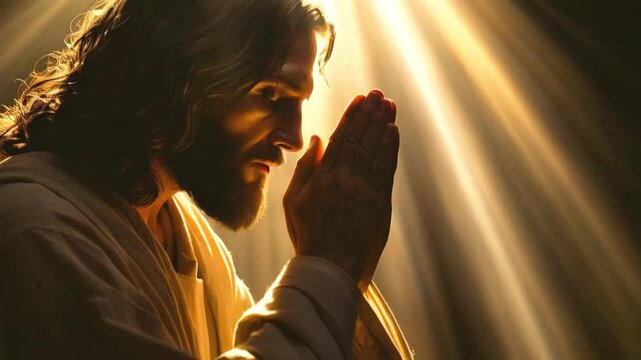 Jesus Christ praying in rays of god's light animation -- 4k  stock video footage AI