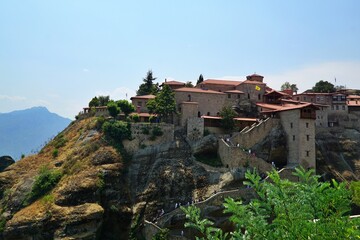 View of orthodox monasteries on the rocks in in Thessaly , Greece.