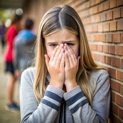 Sad girl covering face with hands, standing against brick wall, symbolizing bullying or sadness