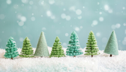 Obraz premium Cute handcrafted miniature Christmas trees placed on artificial snow with a soft-focus and snowflake backdrop, conveying a whimsical holiday scene.