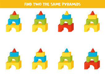 Find two the same colorful toy pyramids. Educational game for preschool children.