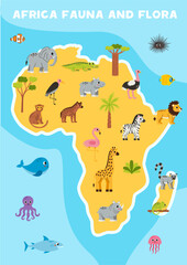 Vector map of Africa with cute cartoon animals.