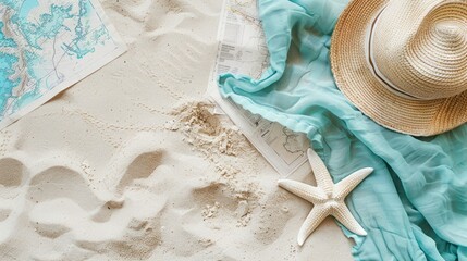 Beach vacation itinerary and map spread out on a towel