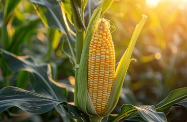 Obraz premium Single ear of corn in a sunlit field during golden hour