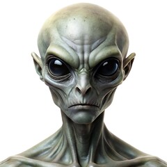 Close-up of a detailed, green alien with large eyes and a serious expression