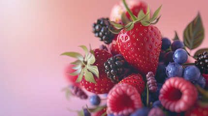 A close-up of a vibrant mix of berries including strawberries, raspberries, and blueberries, presented against a soft, pastel background emphasizing their vivid colors.