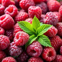 Close-up of fresh raspberries with green mint leaves, showcasing vibrant colors and textures