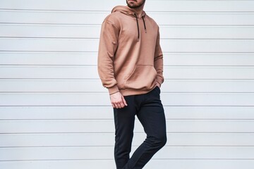 brown hoodie on bearded man outfit detail shot