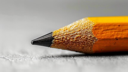 Well used classic yellow pencil with visible wood grain is laying on a textured surface