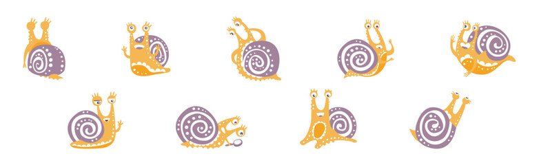 Funny Snail Character with Cute Snout and Coil Vector Set