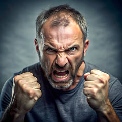 Angry man with clenched fists expressing intense anger and frustration on a dark background