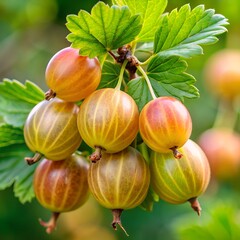 Ripe gooseberries on a branch with lush green leaves in a natural garden setting