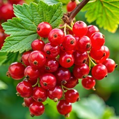 Cluster of ripe red currants on a branch with green leaves in a natural setting