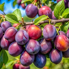 Ripe plums hanging on a tree branch in a sunny orchard
