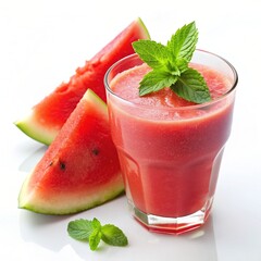Refreshing watermelon smoothie garnished with mint, accompanied by fresh watermelon slices