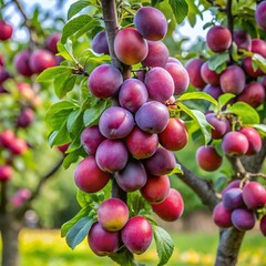 Ripe plums hanging on a tree branch in a sunny orchard