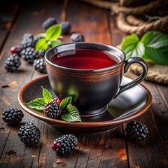 Cup of blackberry tea with fresh blackberries and mint leaves on a rustic table