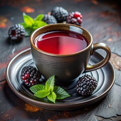 Cup of blackberry tea with fresh blackberries and mint leaves on a rustic table