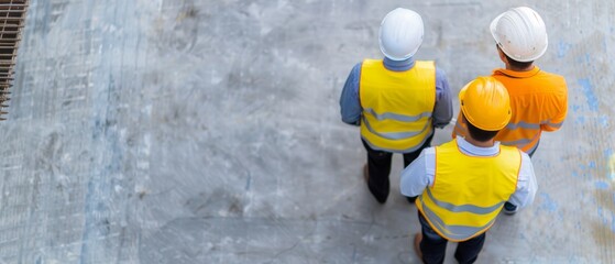 overhead view of construction workers in hard hats and safety vests inspecting building site, concrete floor, safety gear, construction safety, buildi