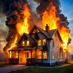 Dramatic image of a house engulfed in flames, with intense smoke and fire