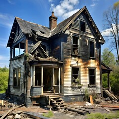 Dramatic image of a house engulfed in flames, with intense smoke and fire