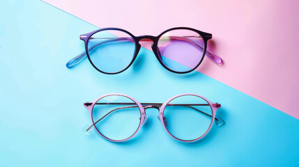 Two pairs of trendy eyeglasses, one black and one pink, are placed on a vibrant pastel backdrop of blue and pink.