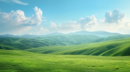 Naklejka premium Serene Mountain Meadow: A mesmerizing panorama of rolling green hills bathed in warm sunlight, with fluffy clouds drifting across a vibrant blue sky