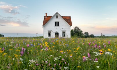 Obraz premium abandoned white farmhouse with red roof in a field of wildflowers at sunset - rural countryside scene.