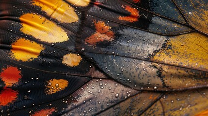 A close up of a butterfly wing with spots and a few droplets of water