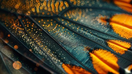 A butterfly wing with a blue and orange pattern