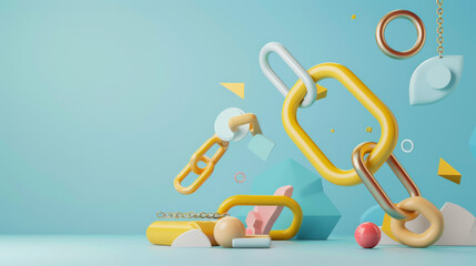 A minimalist and vibrant digital scene filled with floating, oversized geometric chains and shapes in pastel colors, suspended in motion.