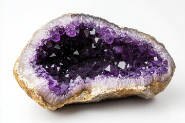 Fototapeta premium A purple amethyst geode sits against a white background.