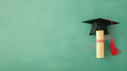 A graduation cap rests beside a diploma on a vibrant green background, symbolizing success and accomplishment