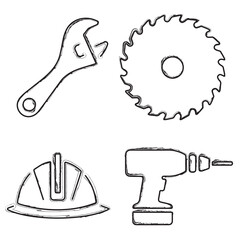 construction tools icon set, brush strokes on white background. Vector illustration.