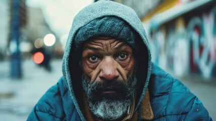 A homeless man sits quietly on a city street as pedestrians pass by