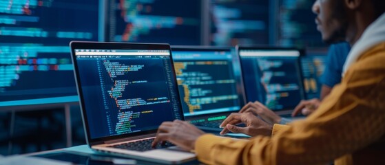 close-up of a programmer's hands typing code on a laptop with a blurred background of multiple monitors displaying code in a dark office setting.
