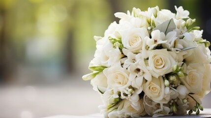 Romantic wedding bouquet with blurred bride and groom, ideal for marriage celebration themes
