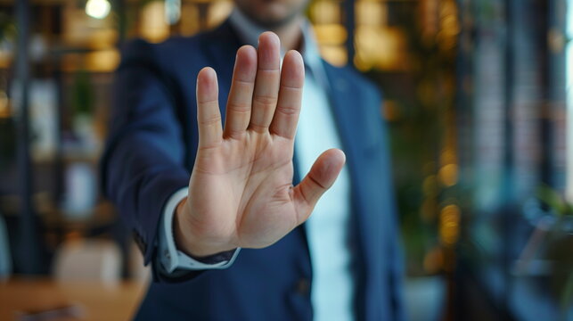 Closeup of the hand of a business man showing stop, saying no or not accepting a deal in an office at work. Male corporate worker making hand gesture not agreeing to a statement or refusing an.	