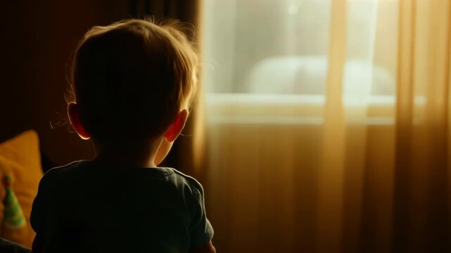 Child silhouette gazing out window at sunset, lonely mood for family separation concept