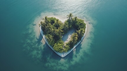 Aerial drone view of heart shaped tropical palm island amidst vast ocean with ample negative space