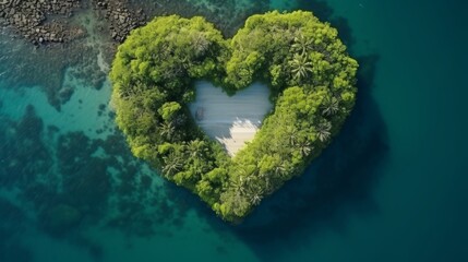 Aerial view of heart shaped palm island in tropical ocean with abundant negative space