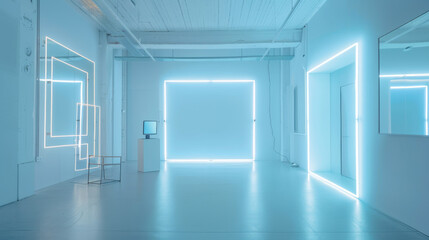 Fototapeta premium Modern photo studio in light colors with the addition of neon lighting. A bright studio for filming with professional lighting. Copy space.