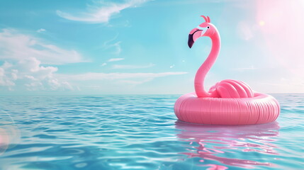 Fototapeta premium Pink flamingo tube floating in the middle of infinity pool, under blue sky. Summer vacation, relaxation, travel background.