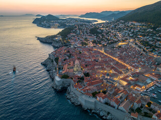 Aerial drone image of the historic, ancient walled city of Dubrovnik in Croatia on the Adriatic...