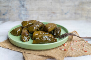 Delicious dolmades , grape leaves stuffed with rice .Greek cuisine 
