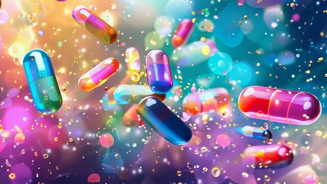 Vibrant image of colorful capsules floating in a magical, sparkling background, symbolizing science and innovation in pharmaceuticals.