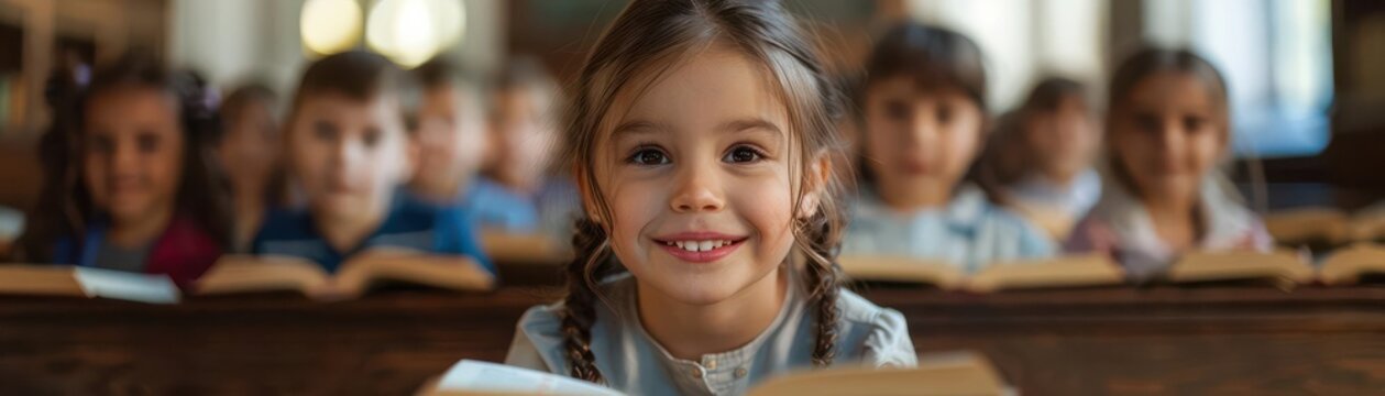 Realistic view of children learning about the Bible in a Sunday school class high-definition clarity
